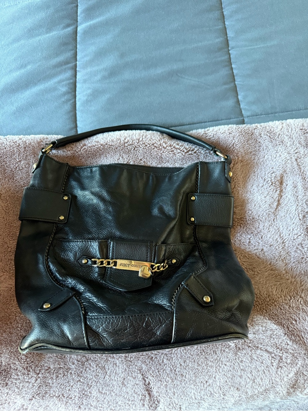Juicy Couture Black Leather Shoulder Bag with Gold Chain Accent